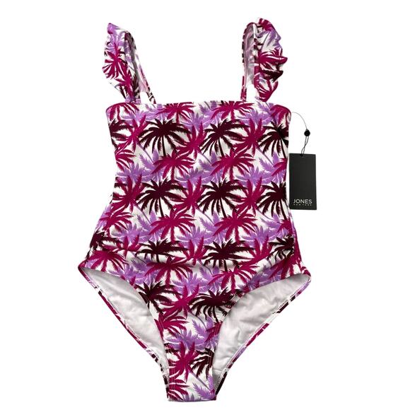 Jones New York Swimsuit Medium Fuchsia Palm Tree Ruffle Sleeve Bandeau Neck - Picture 1 of 13